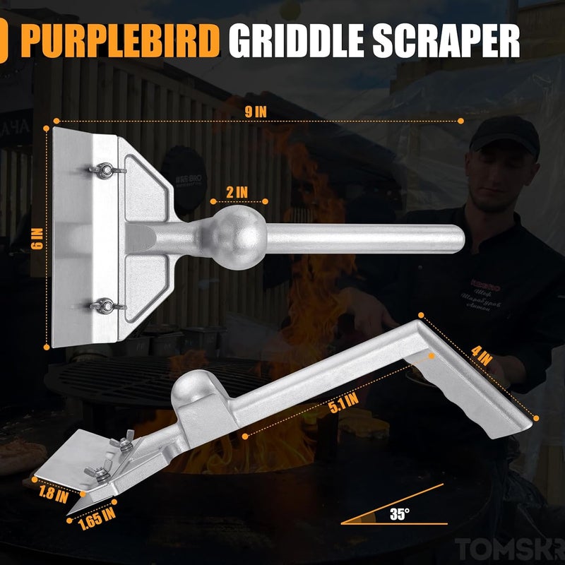 PURPLEBIRD كاشط شواية ثقيل الوزن للأسطح المسطحة مع شفرة حادة من الفولاذ المقاوم للصدأ بطول 6 إنش، كاشط شواية للأسطح المسطحة مع مقبض من الألمنيوم مريح، مثالي للاستخدام المنزلي والتجاري - Image 3
